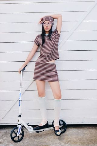 Set áo và chân váy sọc ngắn Brown Striped Short Sleeves Round Neck Set