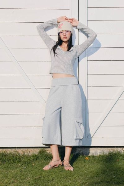  Quần nỉ lửng Gray Cotton Wide Leg Cargo Pants 