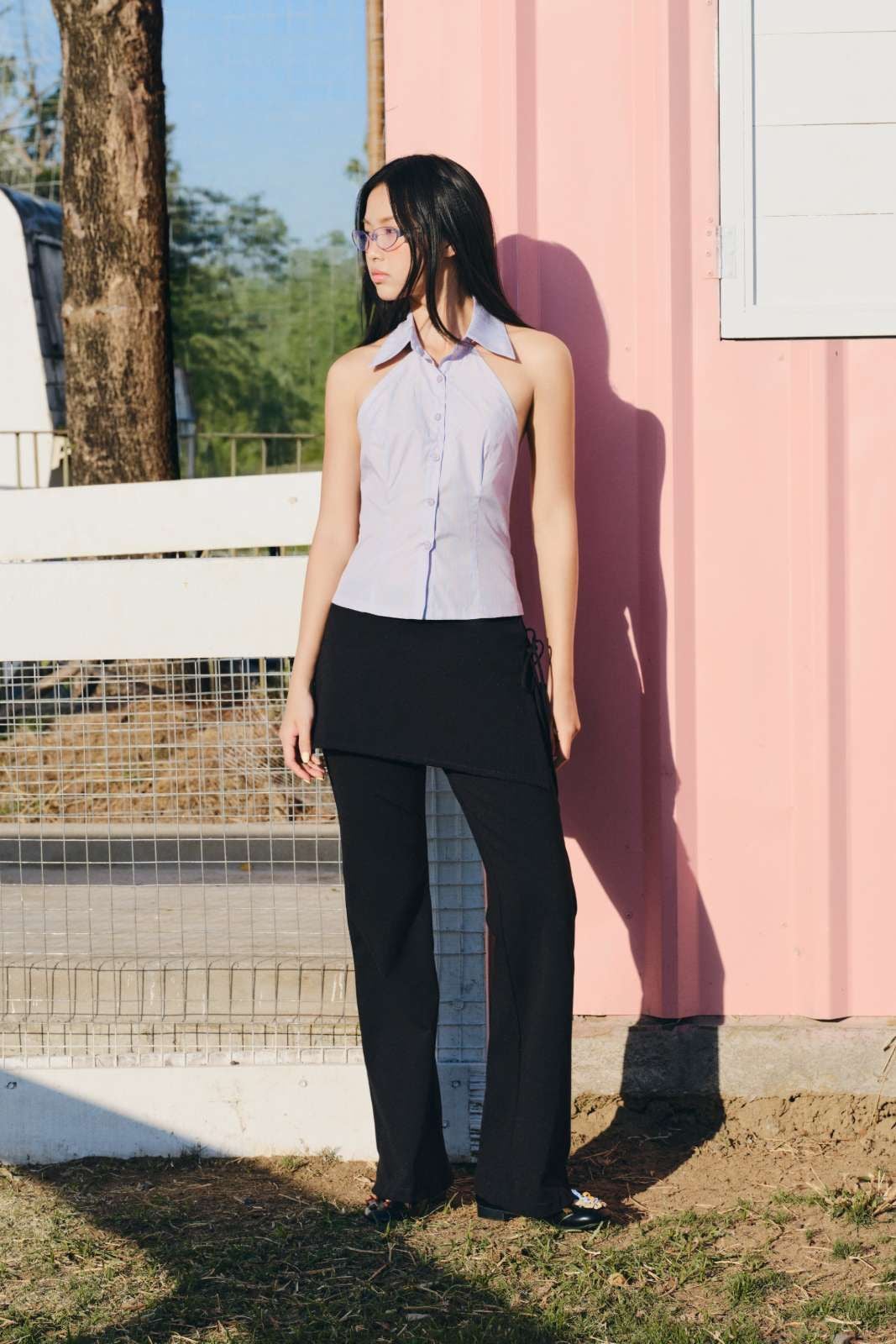 Áo sơ mi cổ yếm Purple Cotton Halter Collared Buttoned Top