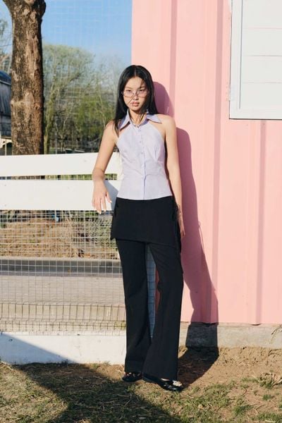  Áo sơ mi cổ yếm Purple Cotton Halter Collared Buttoned Top 