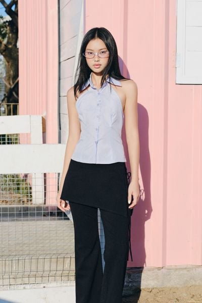  Áo sơ mi cổ yếm Purple Cotton Halter Collared Buttoned Top 