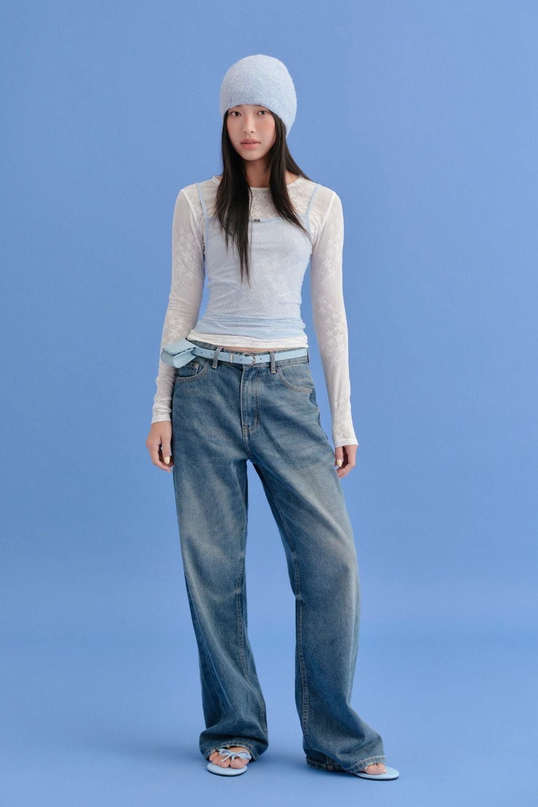 Áo thun tay dài White Mesh Long Sleeves Top