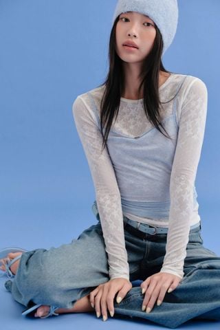 Áo thun tay dài White Mesh Long Sleeves Top