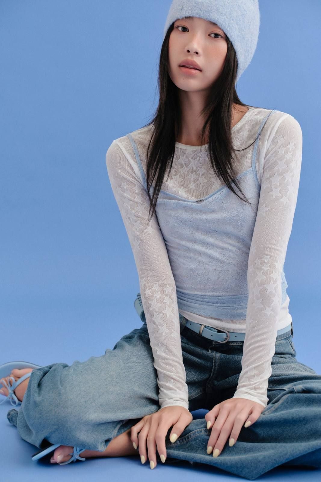 Áo thun tay dài White Mesh Long Sleeves Top