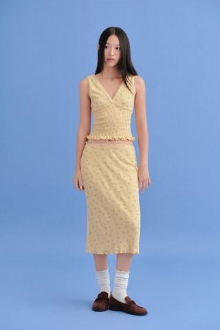 Set áo và chân váy dài Yellow Fleur Cotton Vneck Ruffled Set