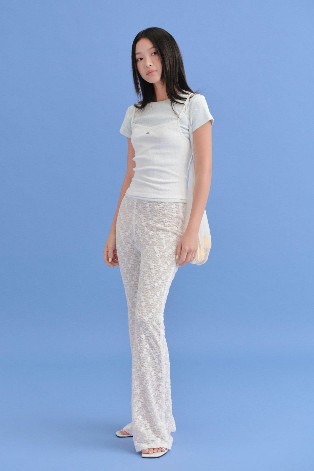 Quần ống loe thun ren White Lace Low Waist Pants