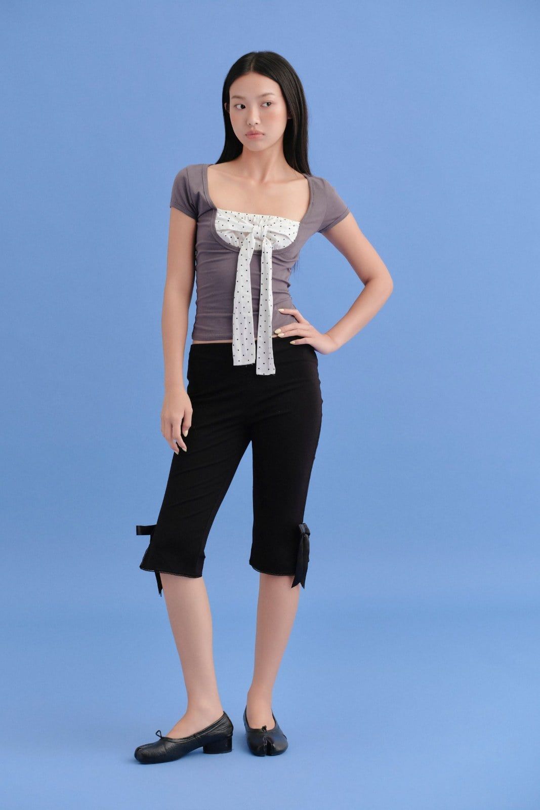 Quần Black Cotton Ribbon Bow Shorts