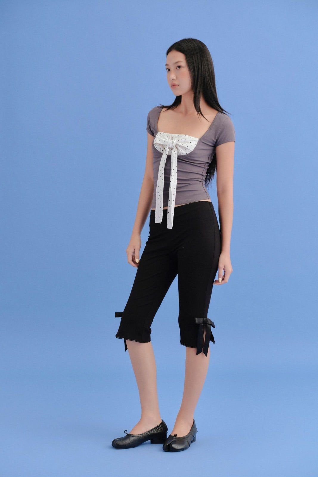Quần Black Cotton Ribbon Bow Shorts