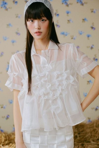  Áo sơ mi voan phối bèo White Ruched Front Shirt 