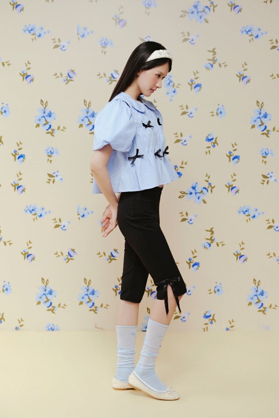 Áo babydoll phối nơ Striped Puff Sleeve Shirt nhiều màu