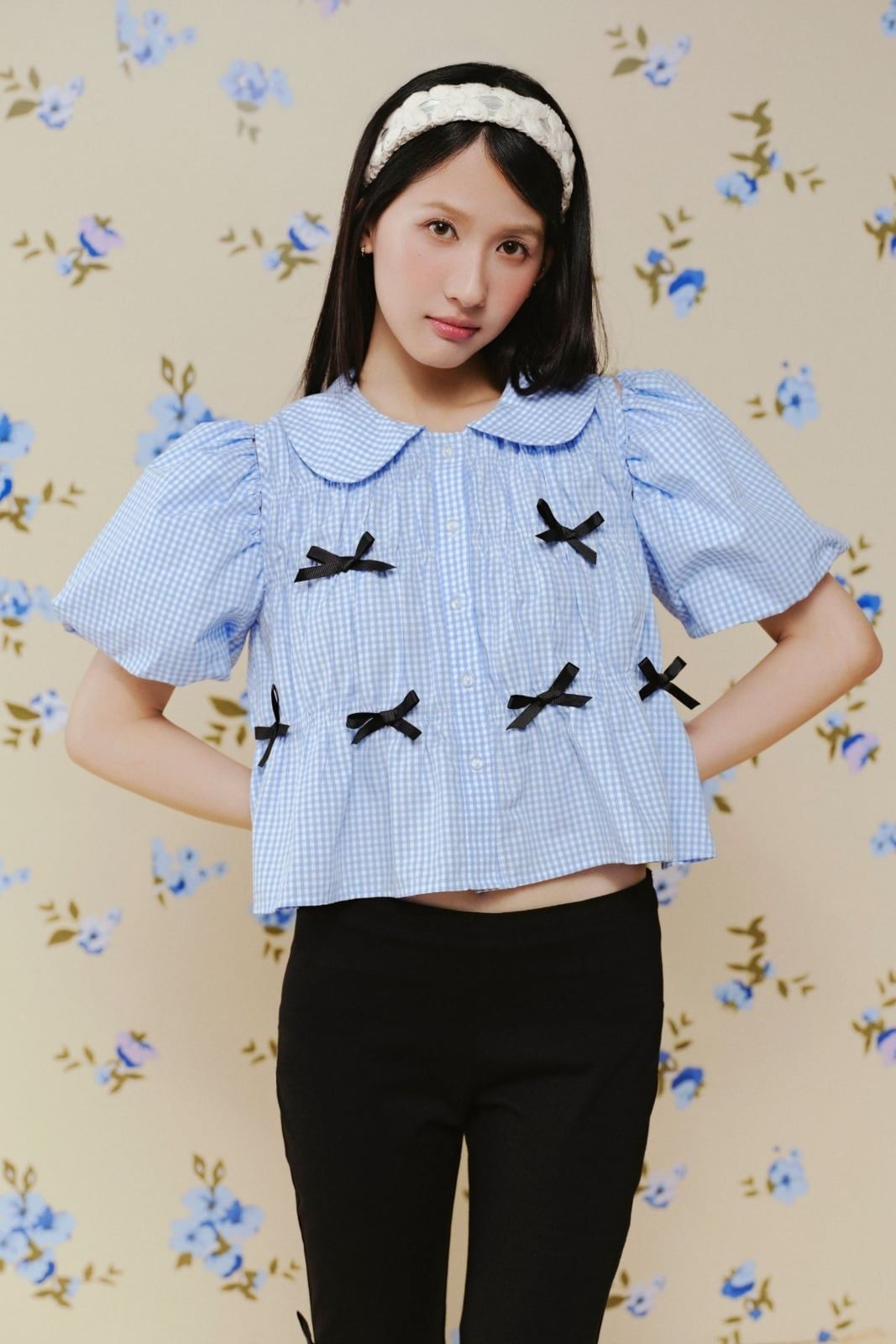 Áo babydoll phối nơ Striped Puff Sleeve Shirt nhiều màu