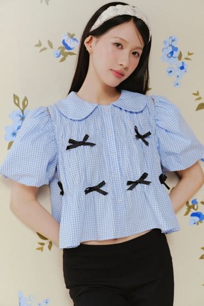  Áo babydoll phối nơ Striped Puff Sleeve Shirt nhiều màu 