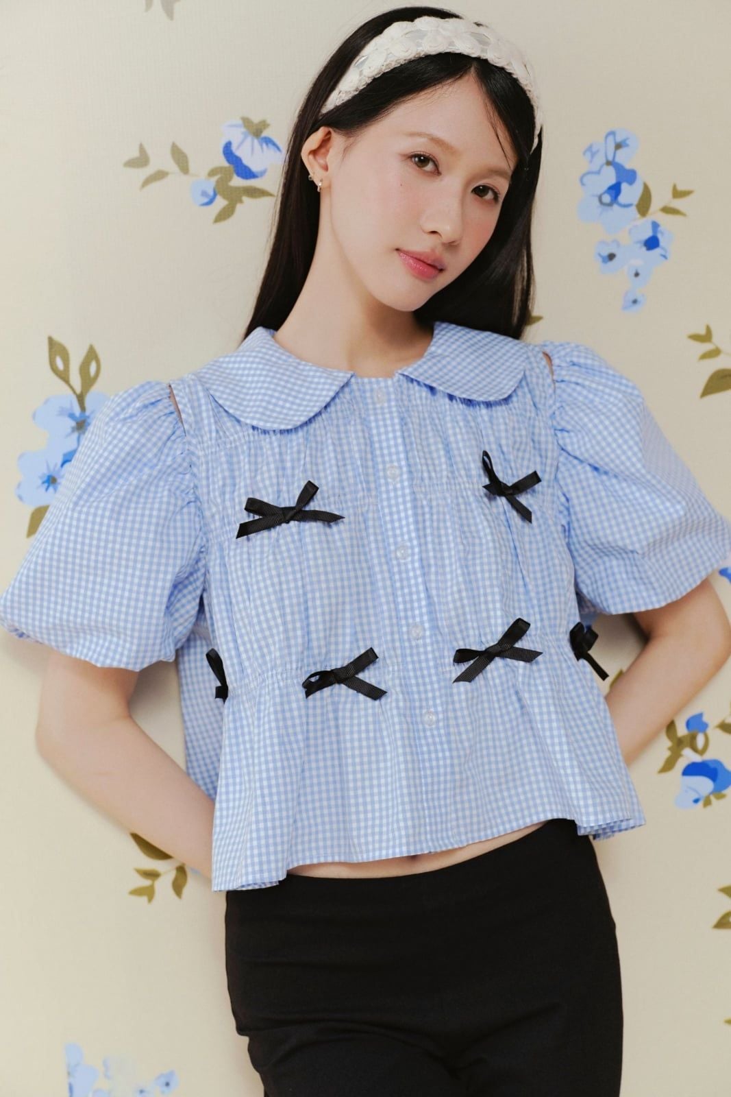 Áo babydoll phối nơ Striped Puff Sleeve Shirt nhiều màu