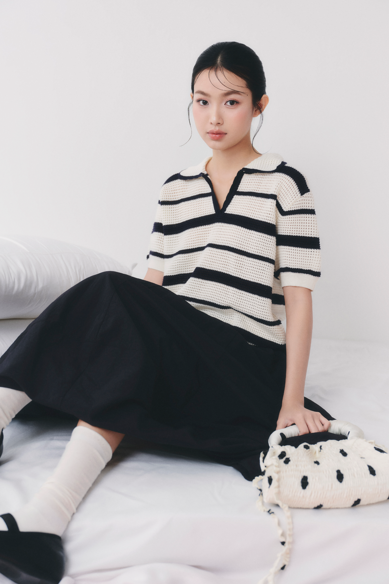 Áo Navy Striped Knit Polo Loose Top
