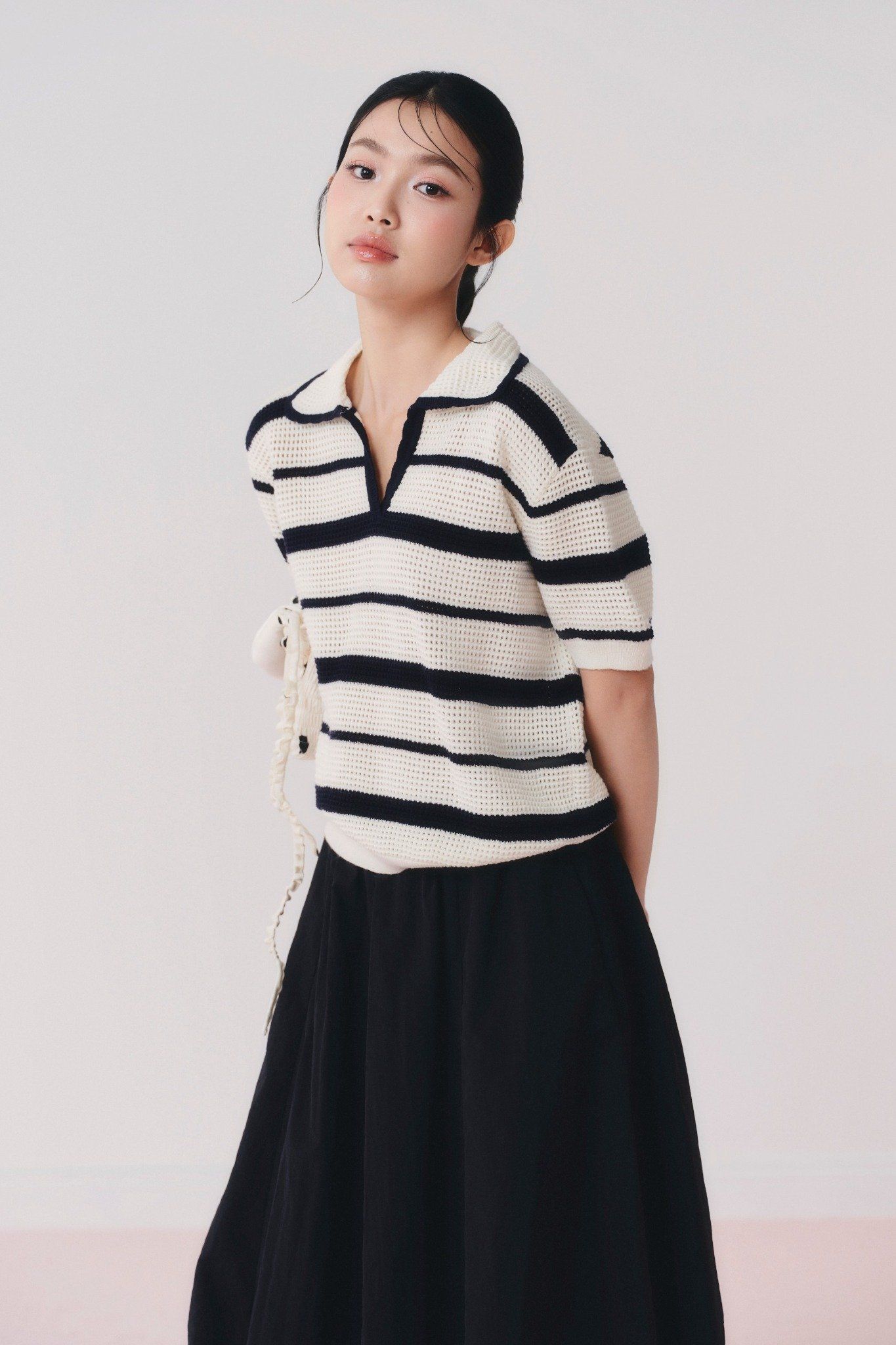 Áo Navy Striped Knit Polo Loose Top