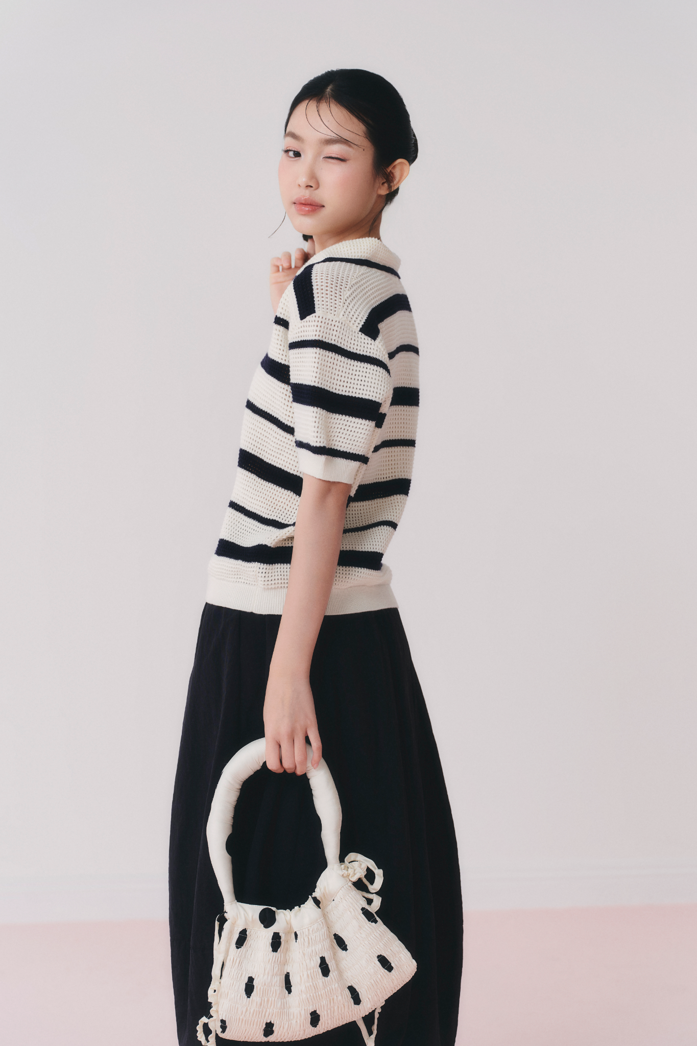 Áo Navy Striped Knit Polo Loose Top