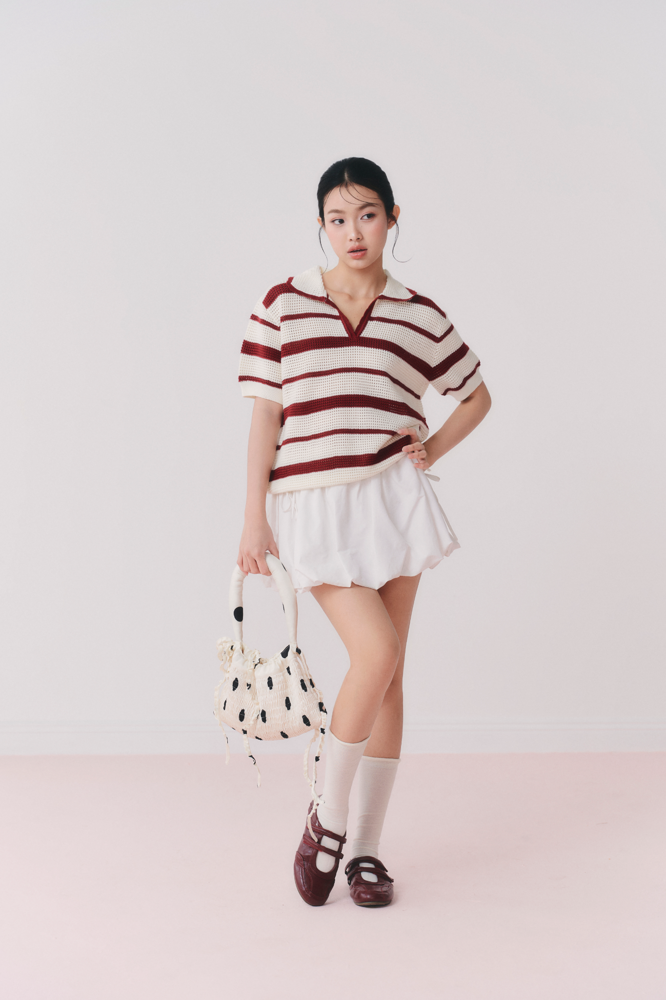Áo Red Striped Knit Polo Loose Top