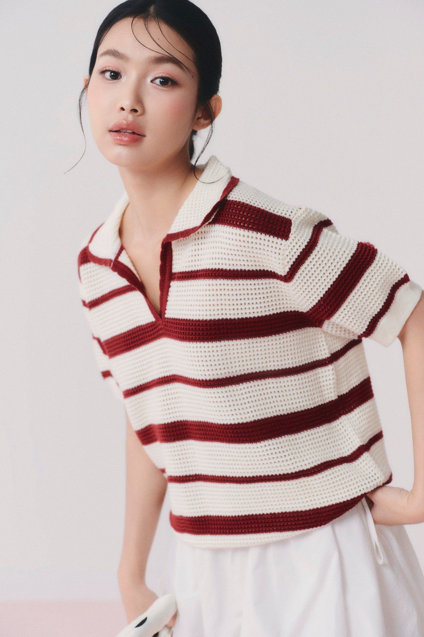 Áo Red Striped Knit Polo Loose Top