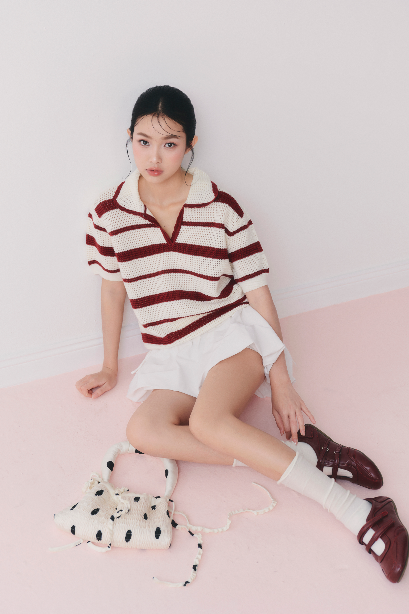Áo Red Striped Knit Polo Loose Top