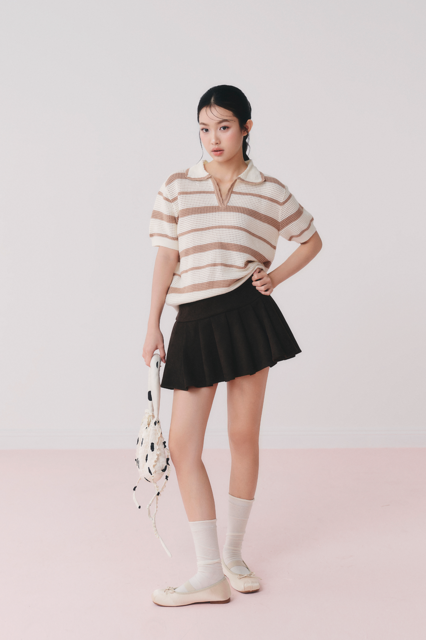 Áo Tan Striped Knit Polo Loose Top