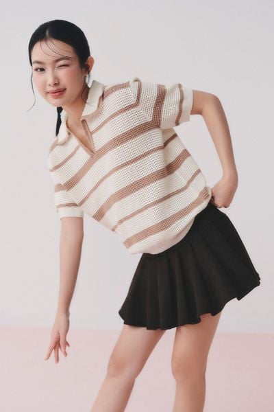  Áo Tan Striped Knit Polo Loose Top 