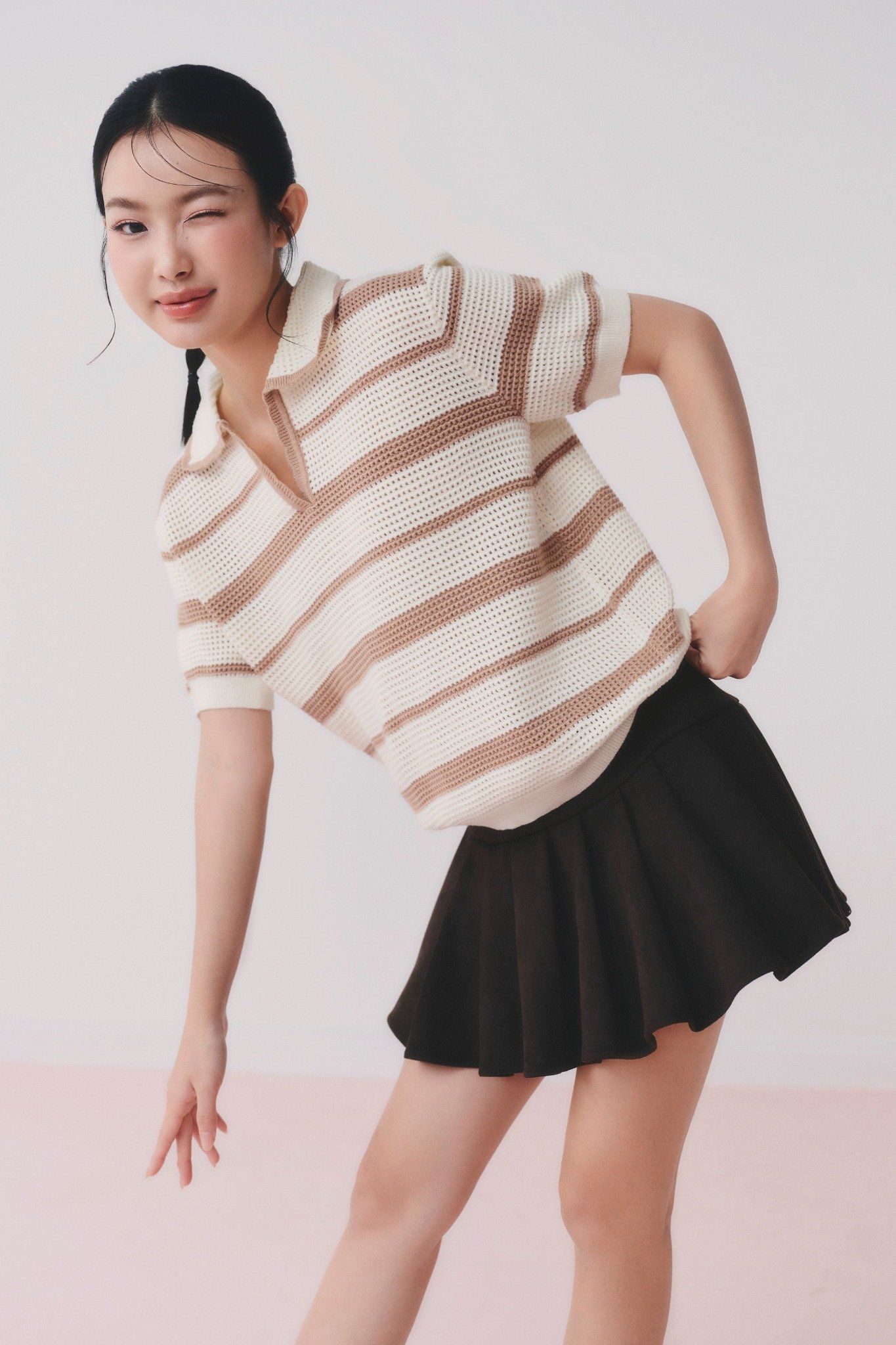 Áo Tan Striped Knit Polo Loose Top