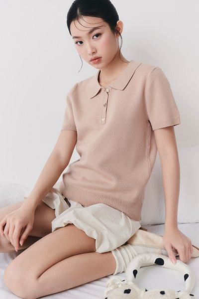  Áo Tan Knit Polo Sweetheart Buttoned Top 
