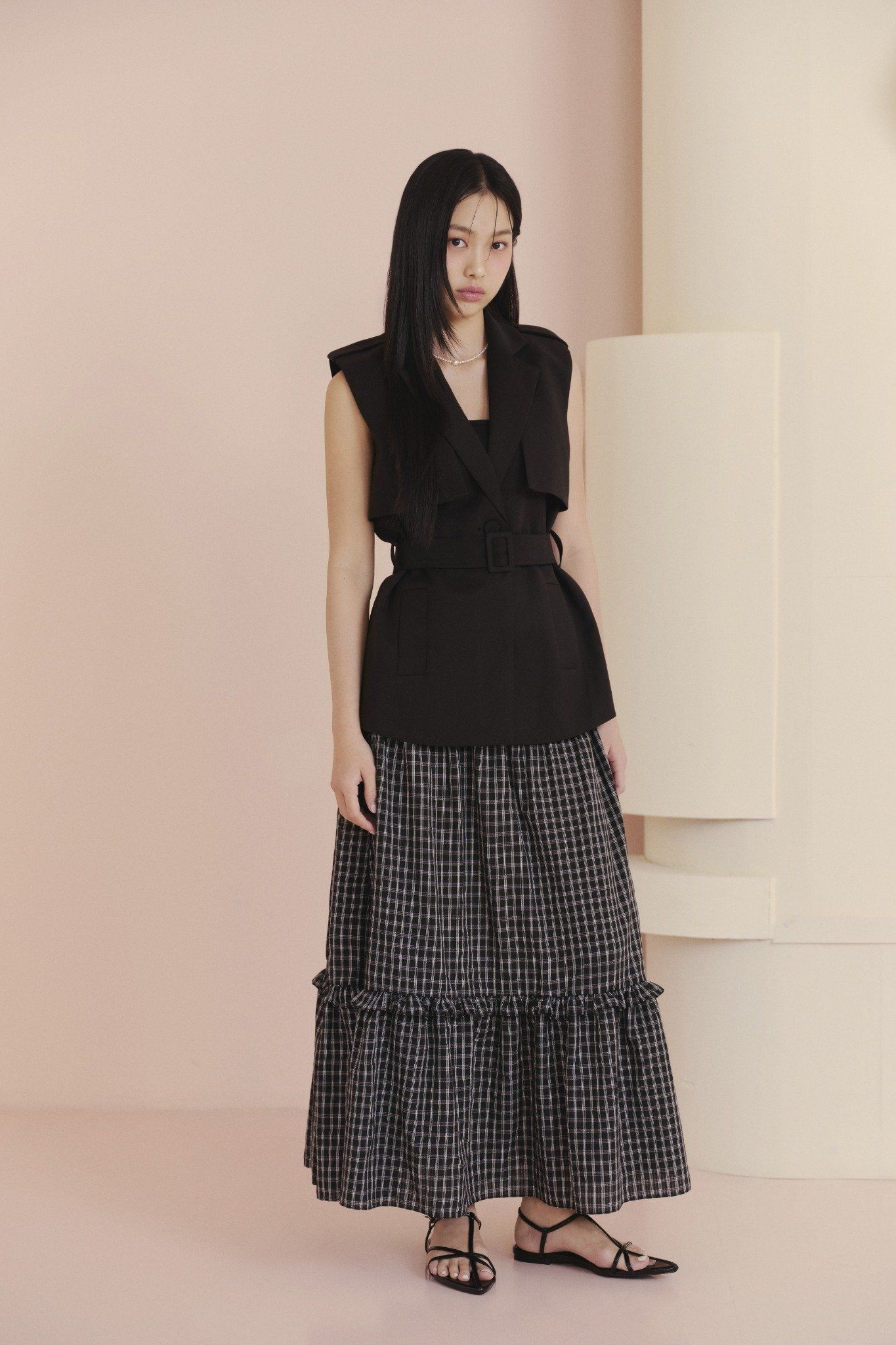 Chân váy Black Checked Ruffled Maxi Skirt