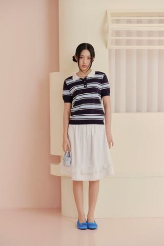 Áo Striped Knit Polo Sweetheart Buttoned Top nhiều màu