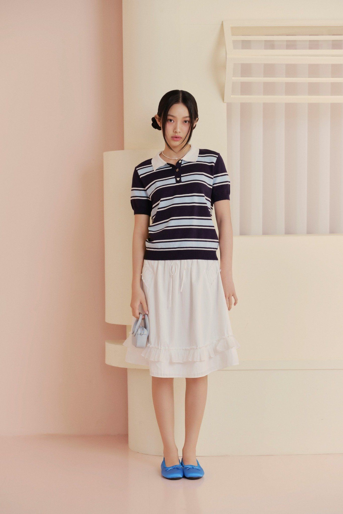 Áo Navy Striped Knit Polo Sweetheart Buttoned Top