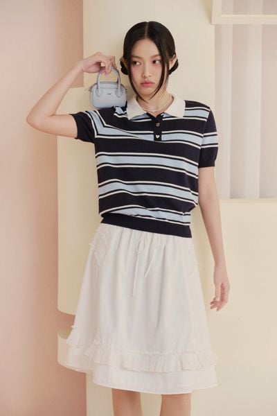  Áo Navy Striped Knit Polo Sweetheart Buttoned Top 