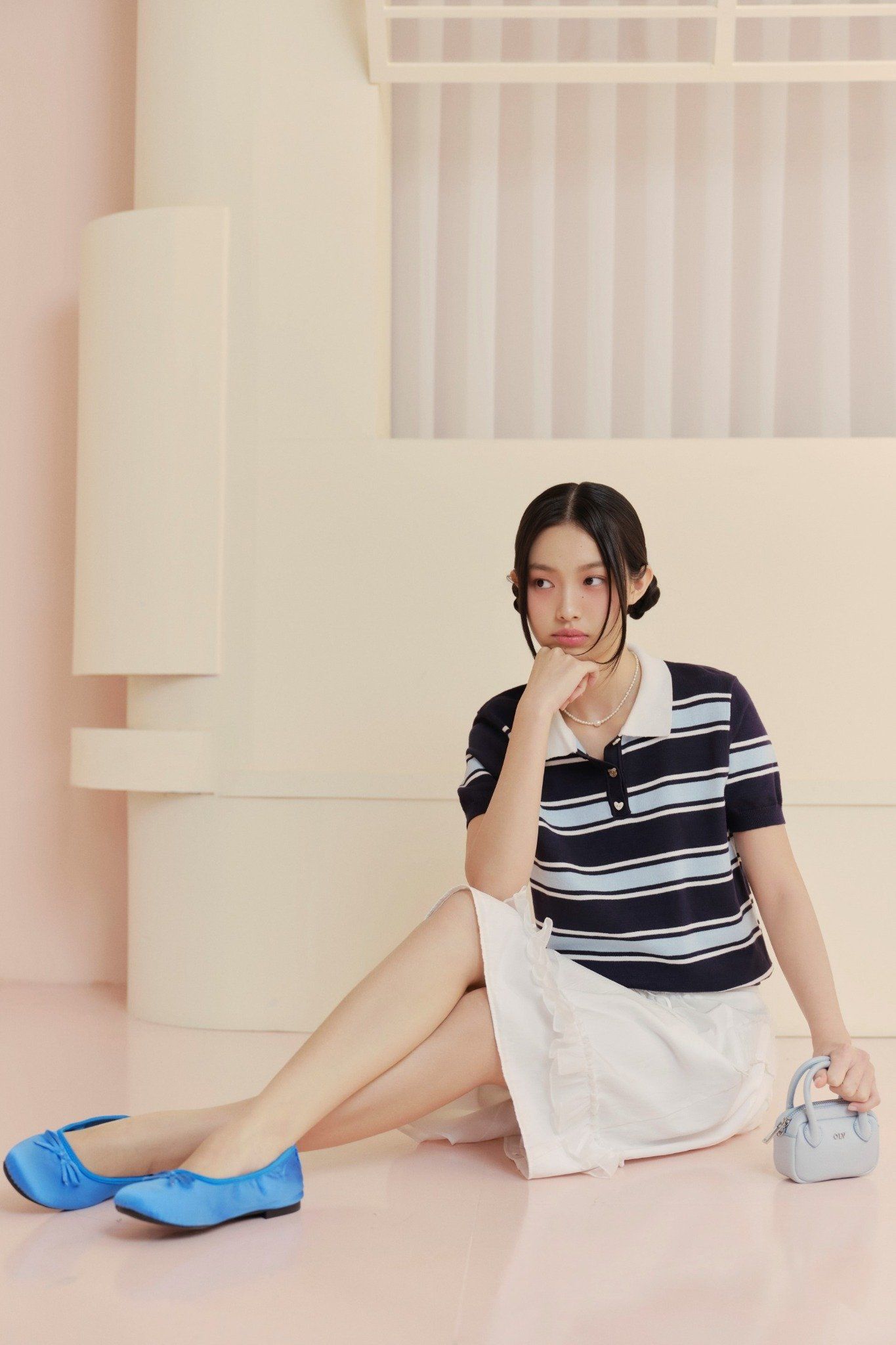 Áo Navy Striped Knit Polo Sweetheart Buttoned Top