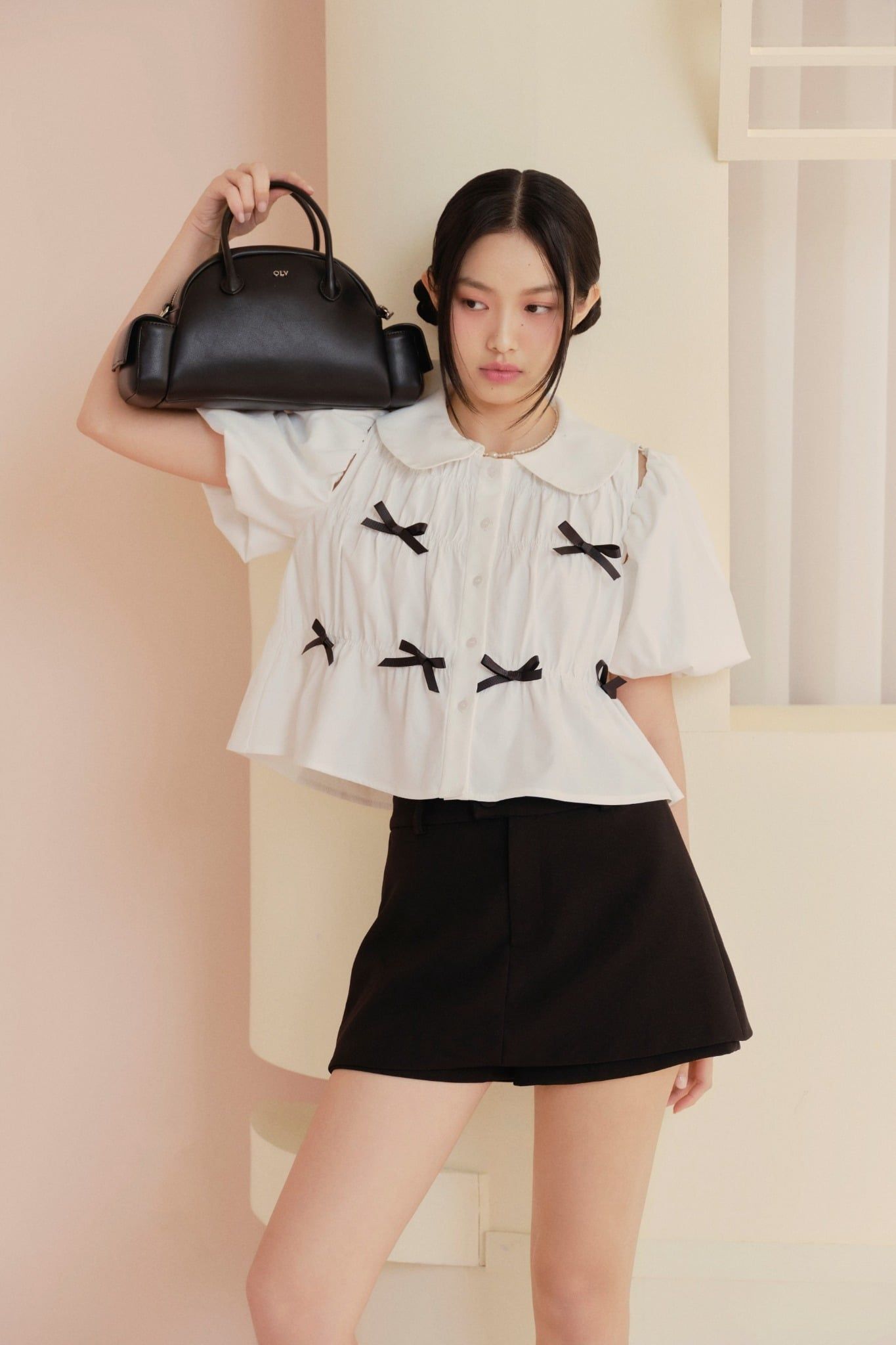 Áo babydoll phối nơ Striped Puff Sleeve Shirt nhiều màu