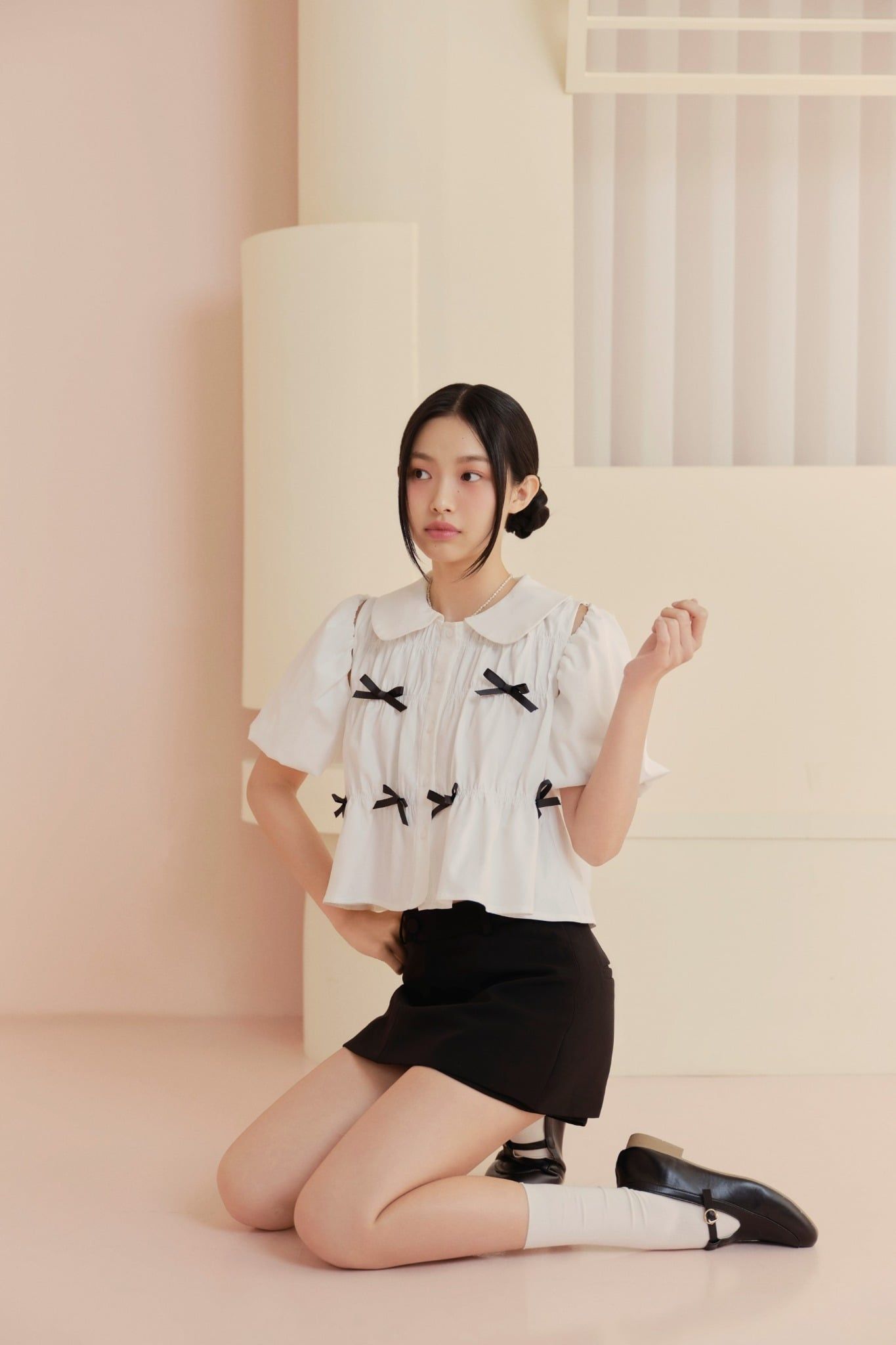 Áo babydoll phối nơ Striped Puff Sleeve Shirt nhiều màu