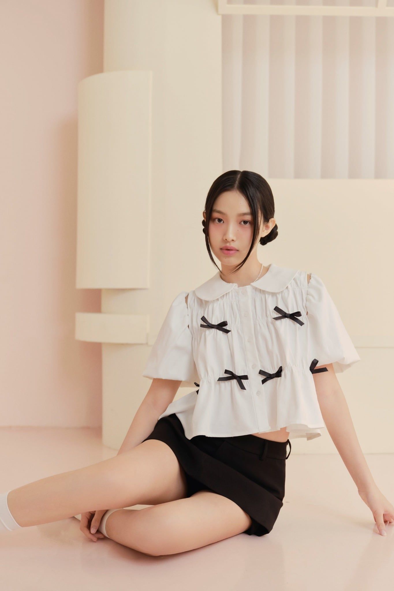 Áo babydoll phối nơ Striped Puff Sleeve Shirt nhiều màu