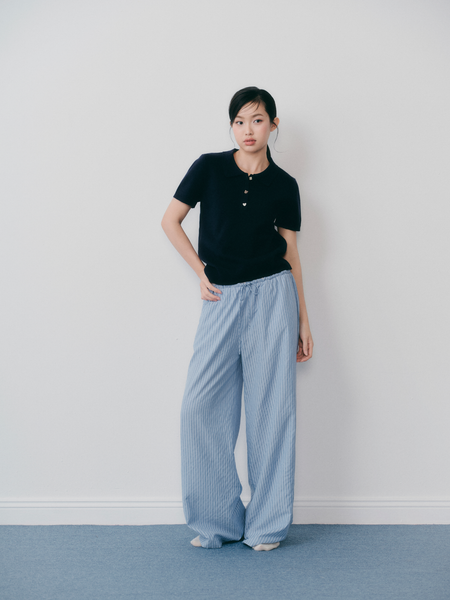  Áo Navy Knit Polo Sweetheart Buttoned Top 