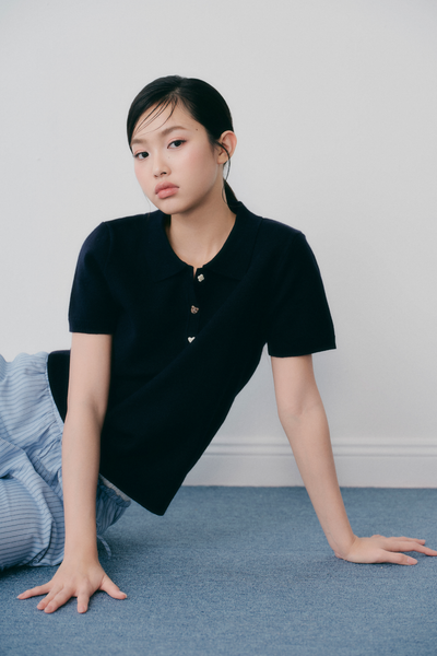 Áo Navy Knit Polo Sweetheart Buttoned Top 