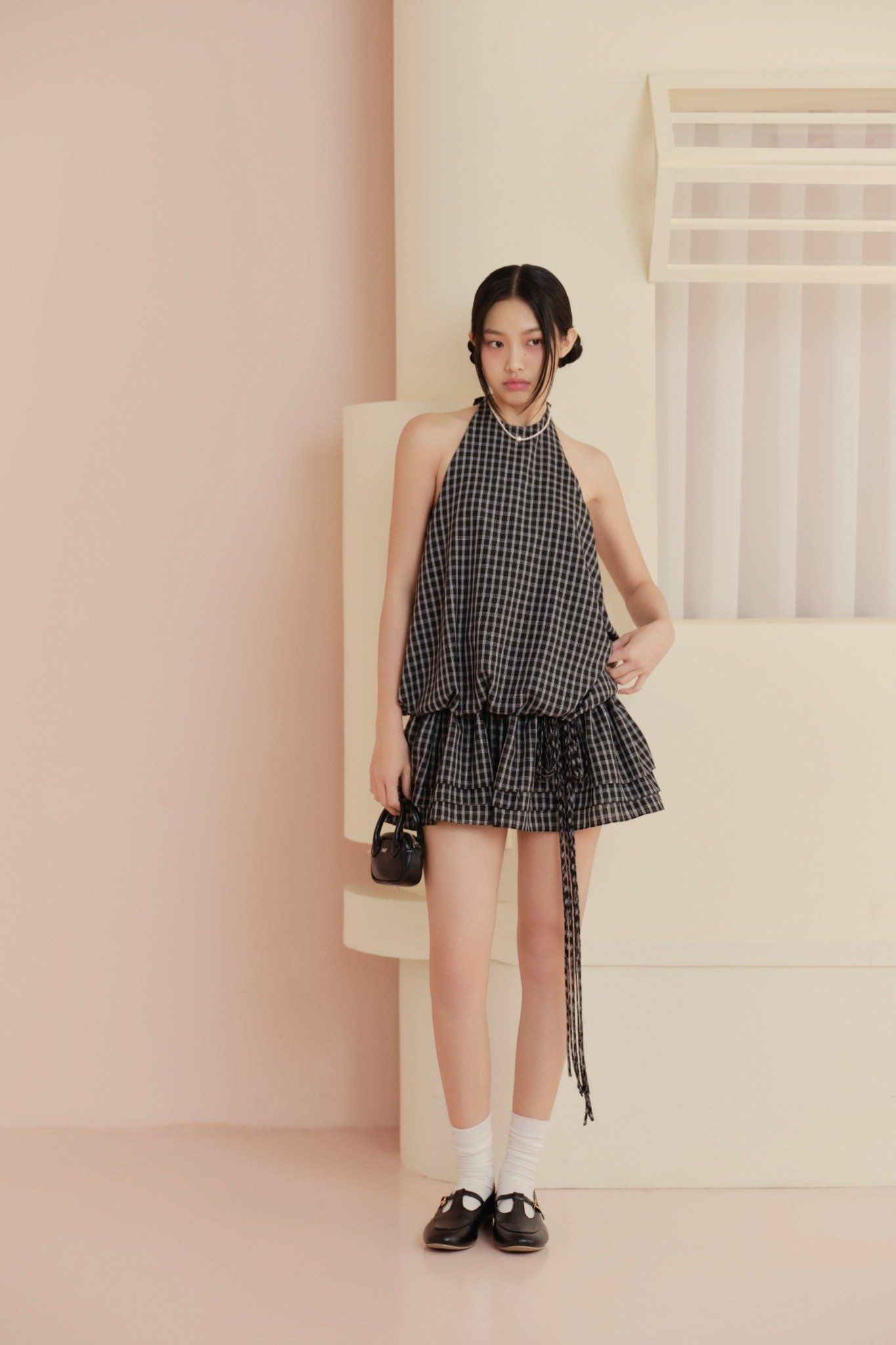 Black Checked Halter Neck Mini Dress