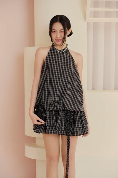  Black Checked Halter Neck Mini Dress 