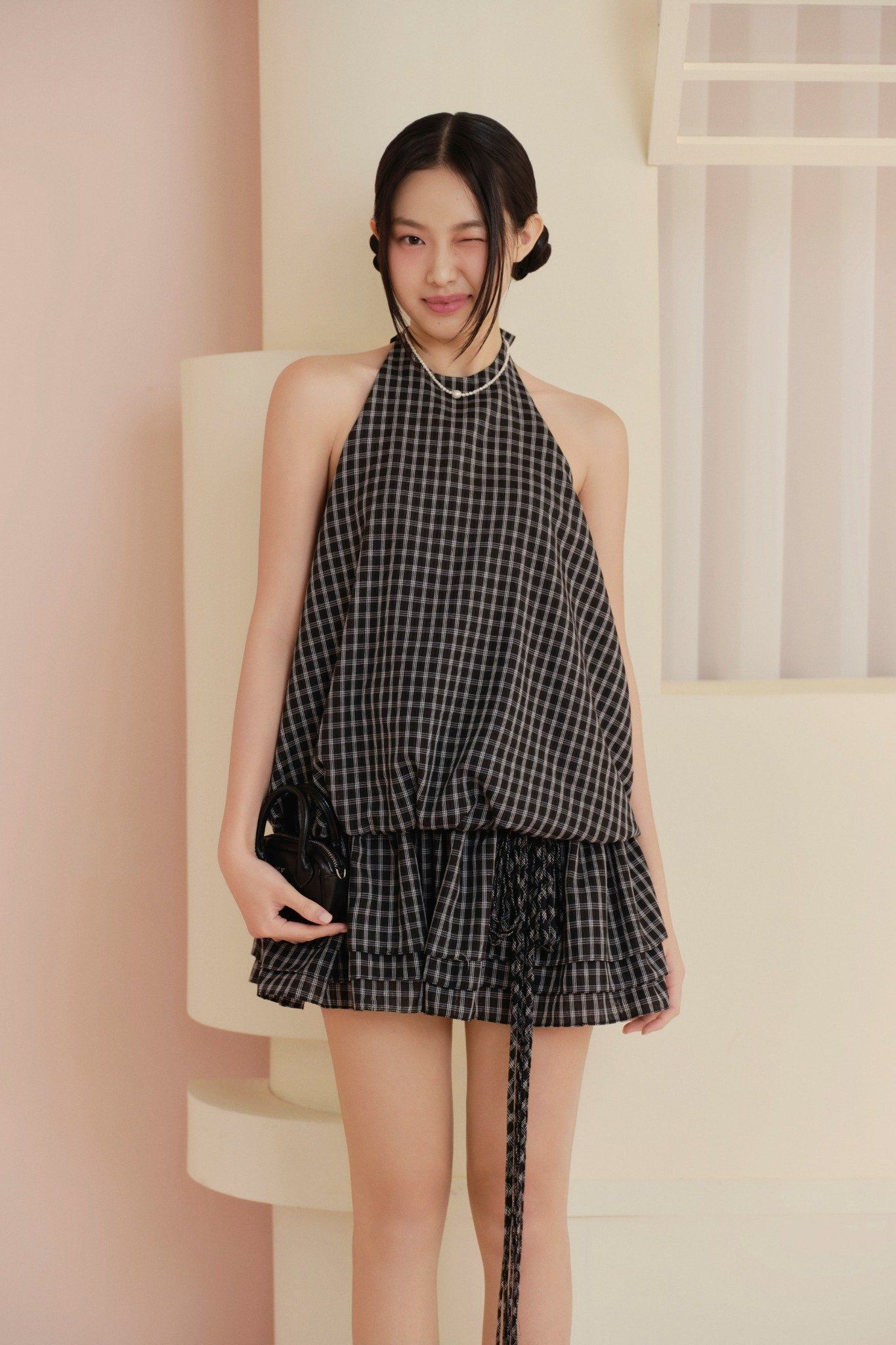 Black Checked Halter Neck Mini Dress