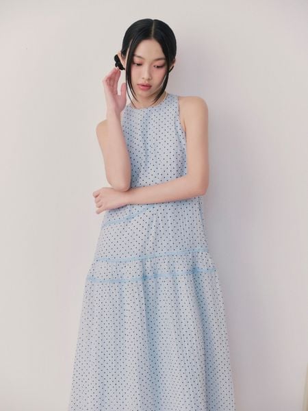  Blue Chiffon Dot Halter Neck Dress 