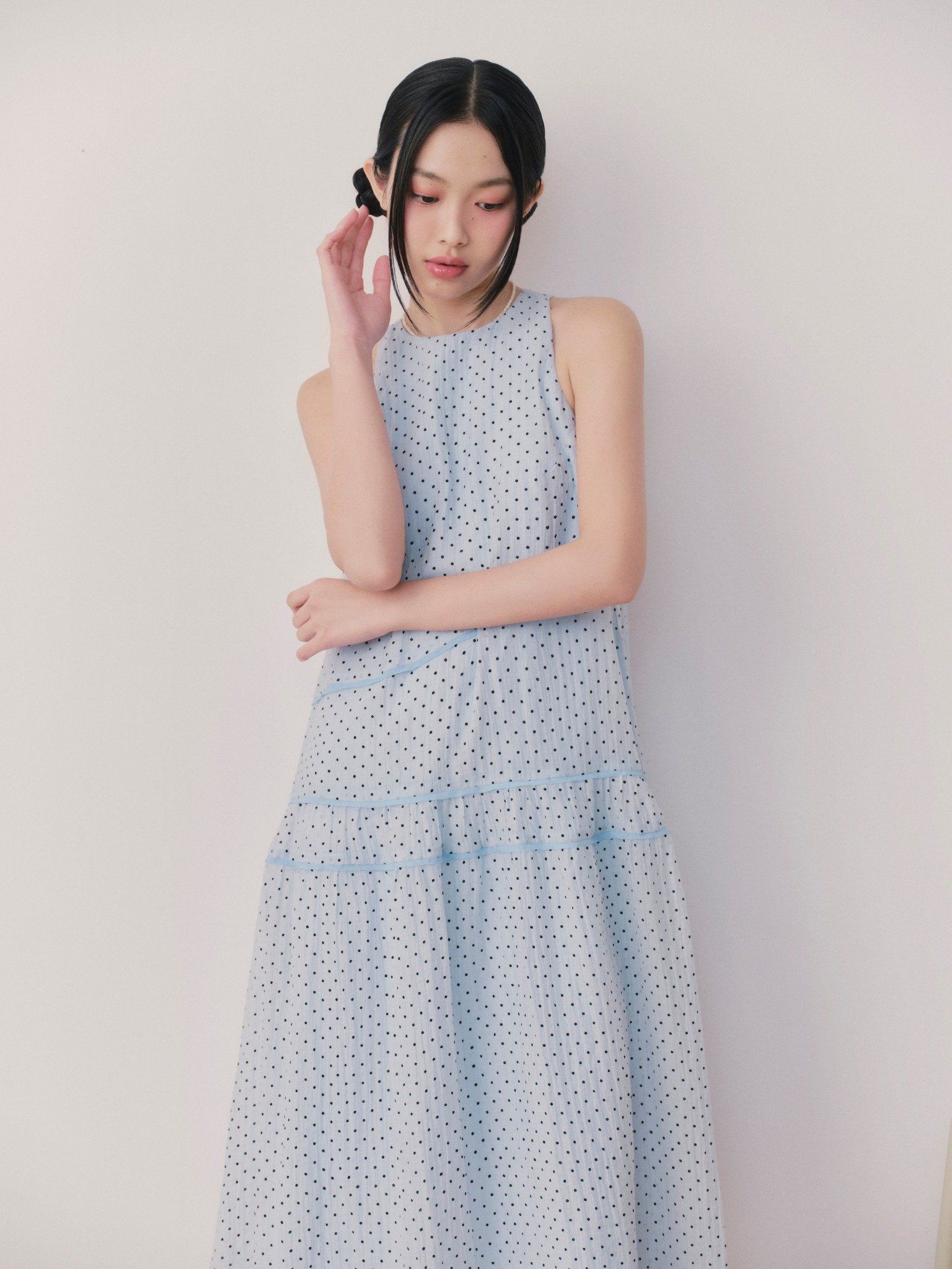 Blue Chiffon Dot Halter Neck Dress