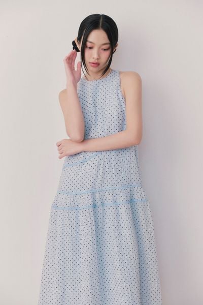  Blue Chiffon Dot Halter Neck Dress 