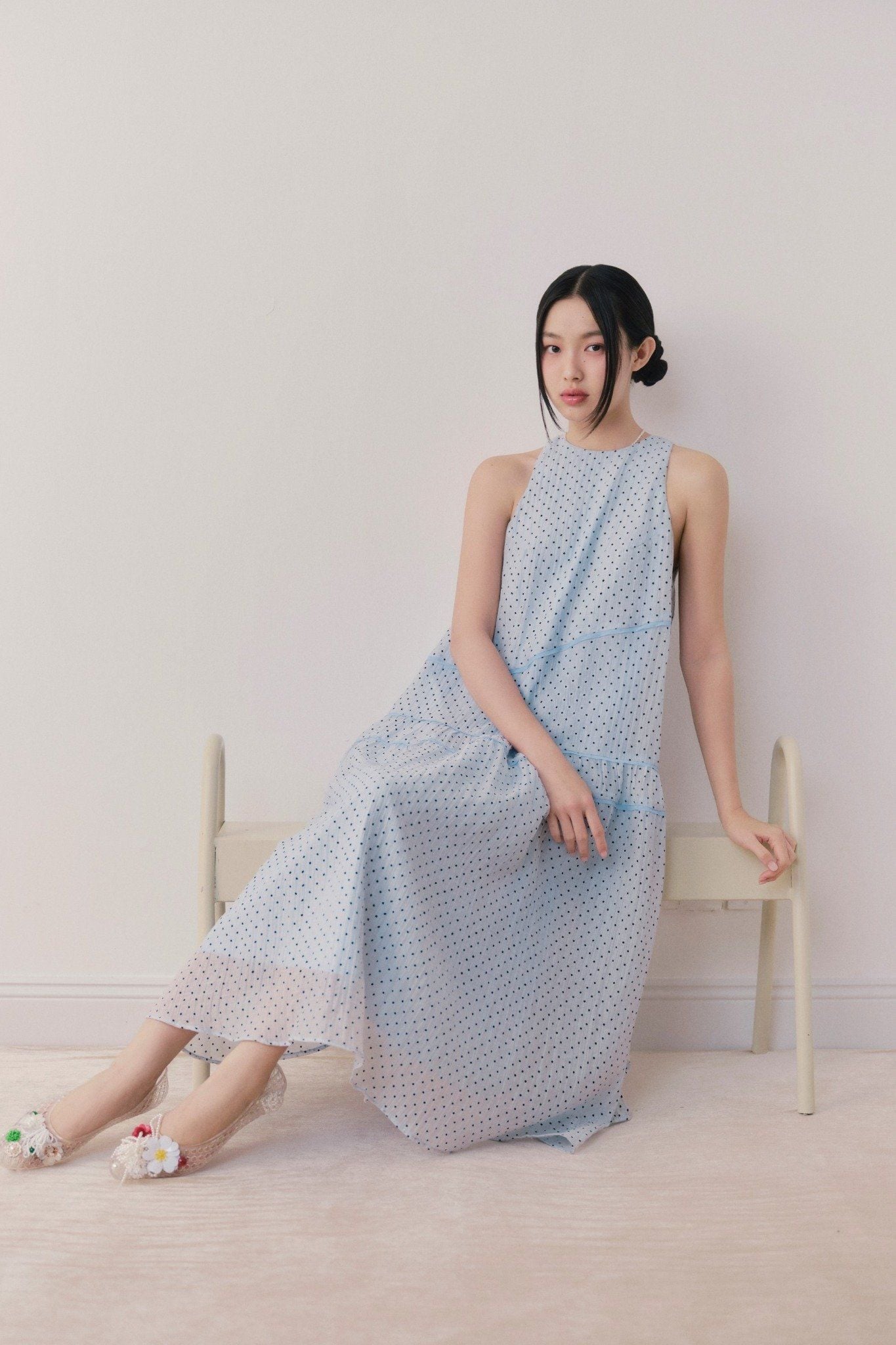 Blue Chiffon Dot Halter Neck Dress