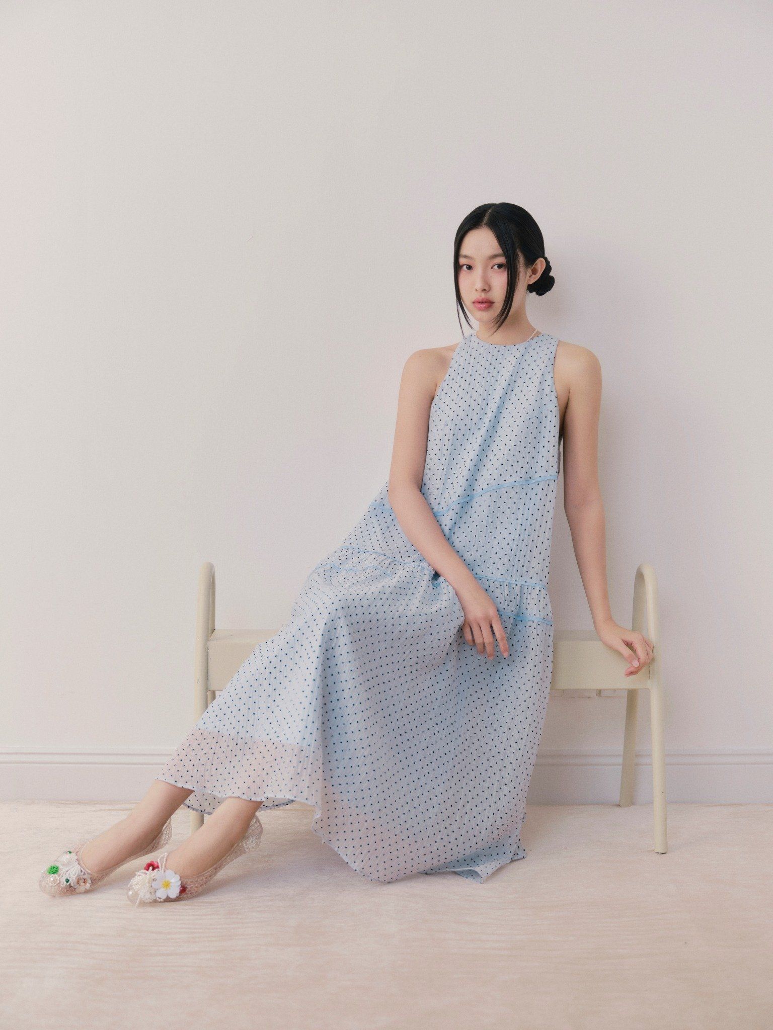 Blue Chiffon Dot Halter Neck Dress