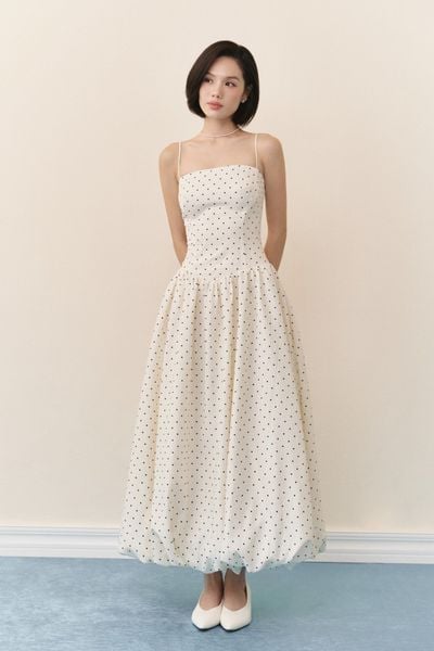  Cream Dot Strappy Maxi Dress 