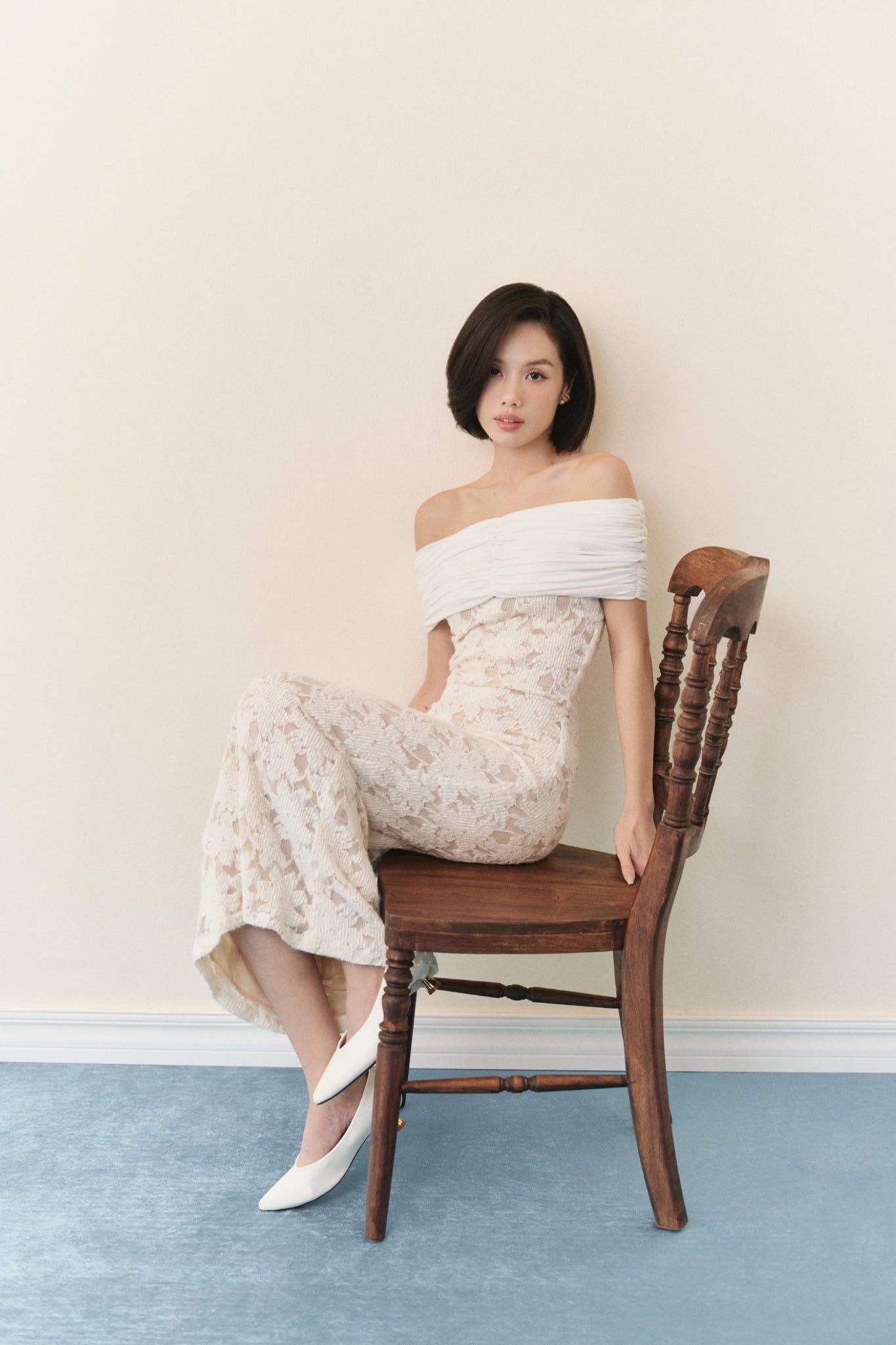 Váy tiệc ren trễ vai Ivory Lace Off Shoulder Layered Maxi Dress