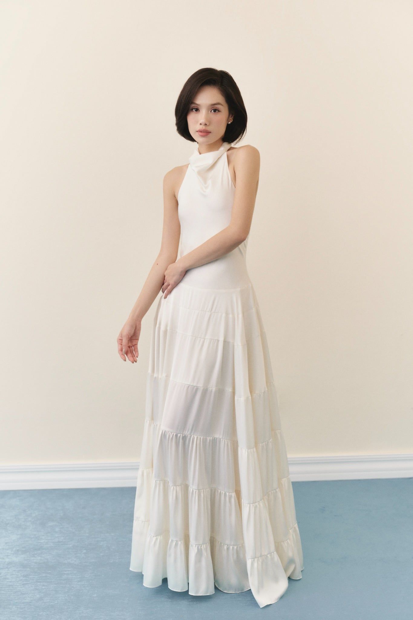 White Silky Halter Neck Tiered Dress