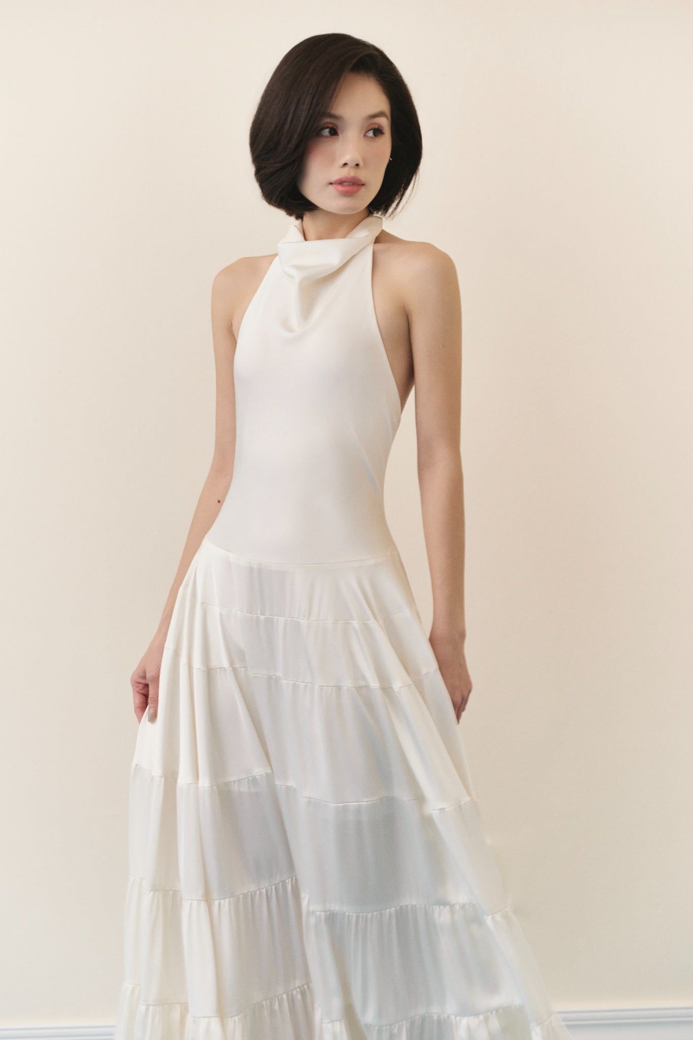 White Silky Halter Neck Tiered Dress