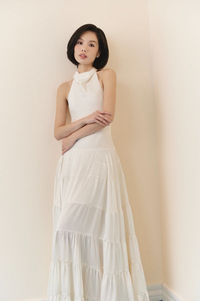  White Silky Halter Neck Tiered Dress 